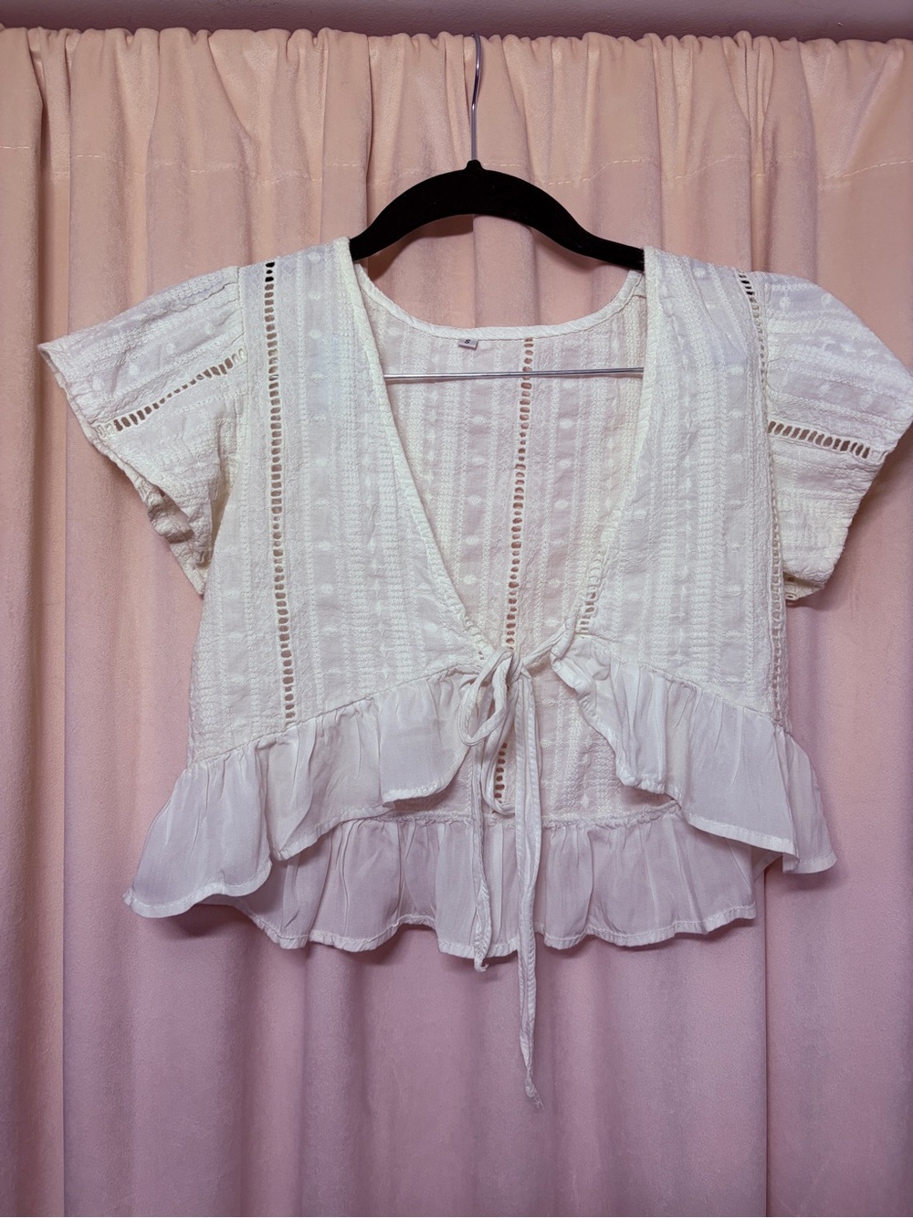 White Cotton Tie-Front Ruffle Shoulder Shrug